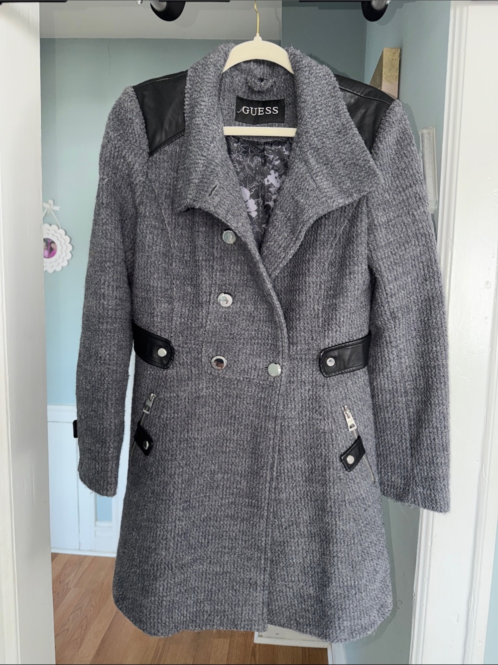 GUESS Gray Knit Double-Breasted Coat with Black Trim